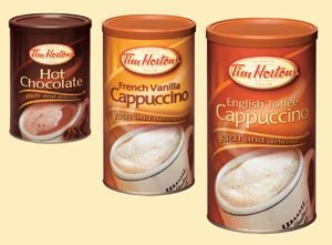 3 Cans Tim Hortons 1-french Vanilla Cappuccino Rich and Delicious 16oz,english Toffee Cappuccino Rich and Delicious 16oz and 1- Hot Chocolate 500g, 17oz logo