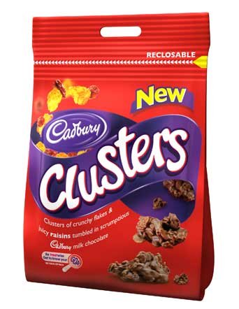 3-pack of Cadbury Clusters Crunchy Flakes Juicy Raisins In A Deliclus Chocolate Coating, Each Bag Is 175g Made In England logo