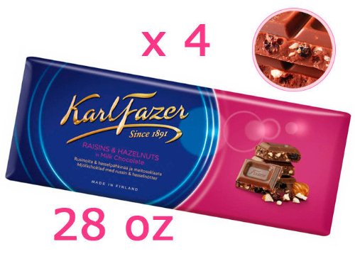 4 Bars Of Karl Fazer Finland Milk Chocolate With Raisins and Hazelnuts logo