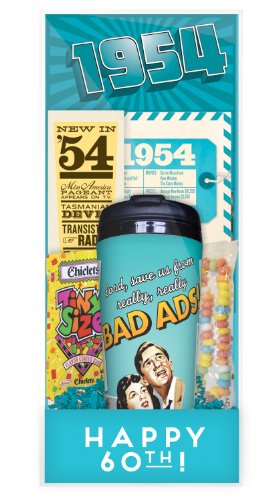 60th Birthday Gift Bundle/basket (in A Box) (budget-friendly, Blast-from-the-past) 1954 logo
