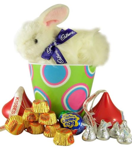 7clucking Cadbury Bunny Easter Basket / Bucket W/ Hershey Kisses and Reeses Peanut Butter Cups logo