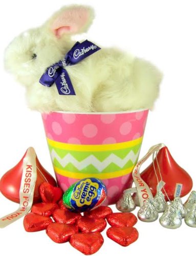 7clucking Cadbury Bunny Easter Basket W/ Cream Egg / Bucket W/ Hershey Kisses logo