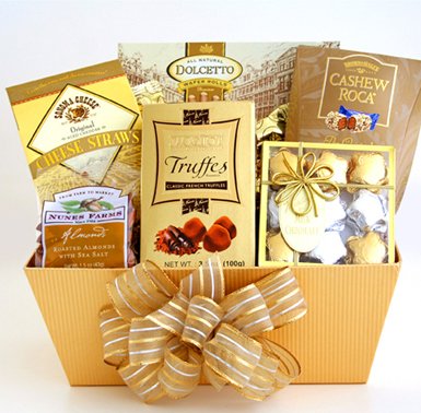 A Golden Holiday Gourmet Chocolate Christmas Gift Basket logo