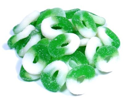 Albanese Confectionery 50128 case Apple Gummi Rings, 18 Lb Case logo