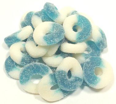 Albanese Confectionery 50131 case Blue Raspberry Gummi Rings, 18 Lb Case logo