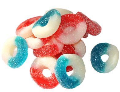 Albanese Confectionery 50135 case Freedom Rings Red, blue, white Gummie, 18 Lb Case logo