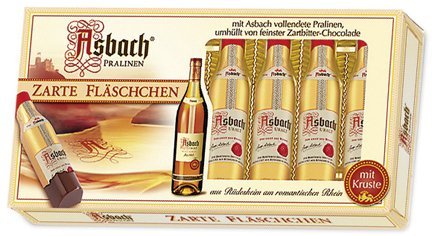 Asbach Uralt Brandy 8 Filled Bottle Shaped Chocolates With Sugar Crust In Window Gift Box – 100g/3.5oz logo