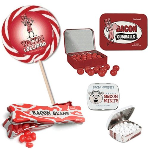 Bacon Candy Sampler Gift Pack (4pc Set) – Bacon Mints, Jelly Beans, Gumballs & Lollipop logo