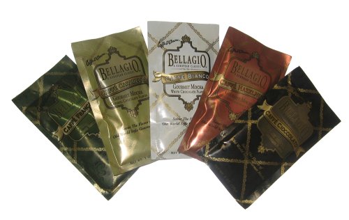 Bellagio New Gourmet Caffe Mocha Coffee 5 Pack Gift Set: Hazelnut, Caramel, French Vanilla, White & Dark Chocolate logo