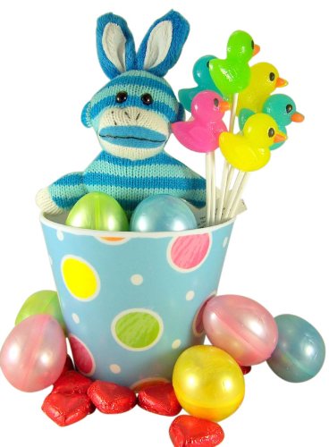 Blue Bunny Ears Sock Monkey Plush Toy In Easter Basket With Eggs and Assorted Candy logo