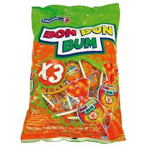 Bon Bon Bum Colombina Bubble Gum Filled Lollipops Mango Flavors 24 Units logo