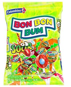 Bon Bon Bum Colombina Bubble Gum Filled Lollipops Sour Assorted Flavors 24 Units logo