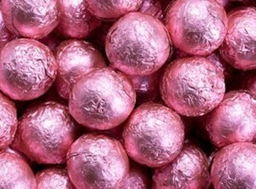 Bright Pink Foiled Milk Chocolate Balls 5lb Bag logo