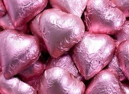 Bright Pink Foiled Milk Chocolate Hearts 1lb Bag logo