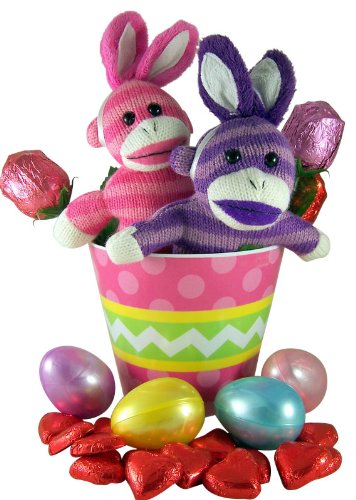 Bunny Ears Sock Monkey Pair Plush Toys In Easter Basket With Eggs and Assorted Candy logo