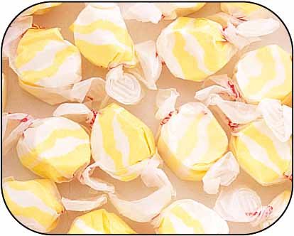 Butter Popcorn Yellow & White Gourmet Salt Water Taffy 1 Pound Bag logo