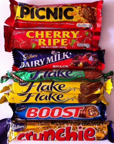 Cadbury Chocolate Bars 8 Items Combo (2 Flake 30g + 1 Flake Mint 30g + 1 Cherry Ripe 52g + 1 Picnic 40g + Dairy Milk Snack 55g + 1 Boost 60g + 1 Crunchie 50g) logo