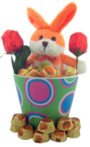 Candy Lovers Easter Gift 12 Rapping Reeses Peanut Butter Cup Orange Plush Bunny Rabbit In Green Pink Blue Dot Design Bucket With Candy logo