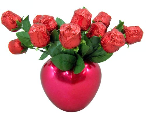 Candy Lovers Gift Twelve (12) Hollow Chocolate Long Stem Rose Bouquet Candies In Puffed Red Metallic Heart Shape Vase logo