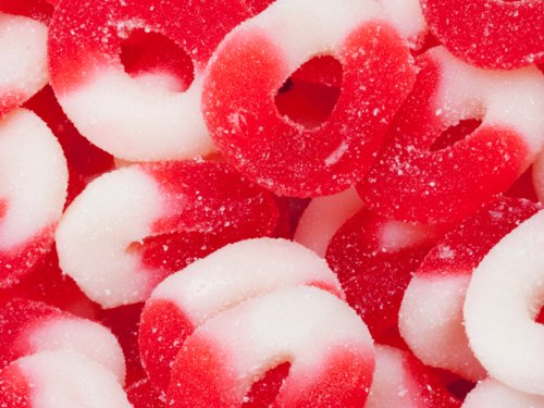 Cherry Red & White Gummi Gummy Rings Candy 1 Pound Bag logo