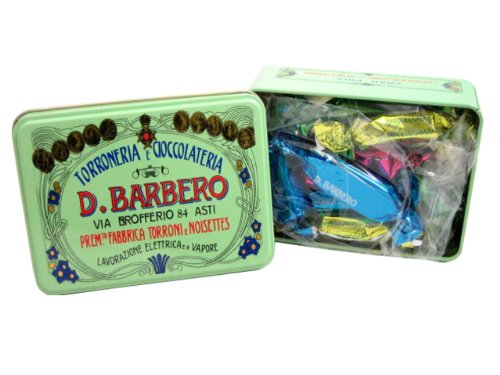 Chocolate Covered Hazelnut Hard Torroncino Tin By D. Barbero logo