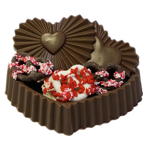 Chocolate Heart Box With Chocolate Dipped Pretzels logo