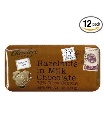 Chocolove Premium Chocolate Bars, Milk (33%) Hazelnut, 3.2 ounce Bars (Pack of 10) logo