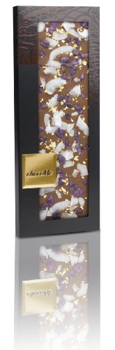 Chocome Arriba Milk Chocolate 39%, Crystallized Violet Petal, Coconut Raspings and Edible 23k Gold, 3.5 Ounce logo
