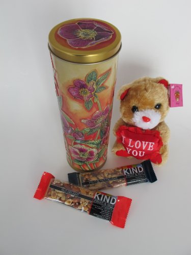 Christmas Gift, Beautiful Cookie Canister Gold Flower Accent Tin With 2 Kinds Bars and Teddy Bear logo