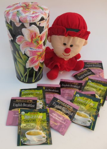 Christmas Gift, Stocking Stuffer Black Tin With White Flowers and Plush With Bigelow Green & Black Tea Bags logo