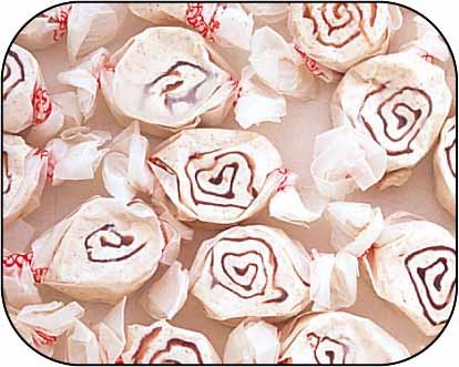 Cinnamon Roll Brown & White Gourmet Salt Water Taffy 1 Pound Bag logo