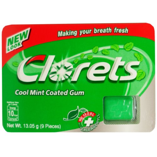 Clorets Cool Mint Coated Chewing Gum With Actizol and Chlorophyll Net Wt 13.05 G (9 Pieces) X 10 Boxes logo