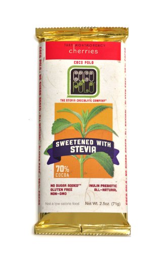 Coco Polo, Stevia Sweetened 70% Cocoa Dark Chocolate With Tart Montmorency Cherries, All Natural, Non-gmo, No Sugars Added, 2.5 ounce Bars (Pack of 5) logo