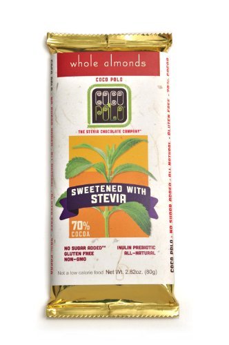 Coco Polo, Stevia Sweetened 70% Cocoa Dark Chocolate With Whole Dry-roasted Almonds, All Natural, Non-gmo, No Sugars Added, 2.82 ounce Bars (Pack of 5) logo