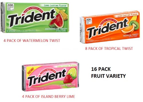 Cos-sl Trident Fruit Variety 16 Pack Mixed Artificial Flavors Sugarfree Gum – 16×18 Pieces Packages (288 Sticks Total) logo