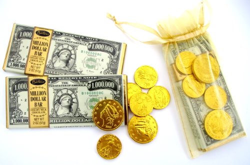 Currency Themed Chocolate Lovers Pack of 2 Million Dollar Bill Milk Chocolate Candy Bars & Gold Foil Chocolate Candies Coins In Gold Mesh Bag logo