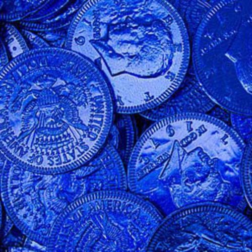 Dark Blue Foiled Milk Chocolate Coins 1lb Bag logo