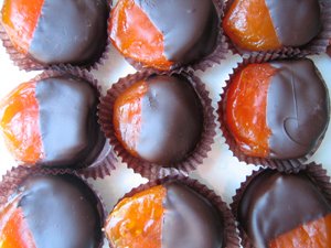 Dark Chocolate Dipped Australian Glaced Apricots 1lb Box logo