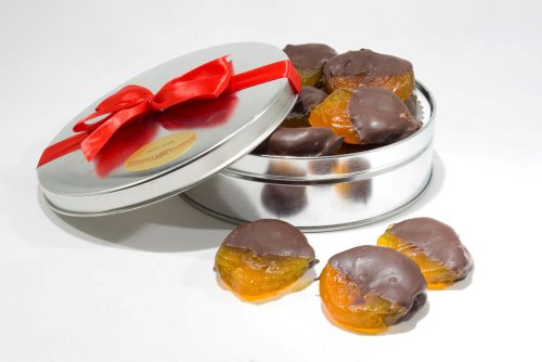 Dark Chocolate Dipped Glazed Apricots Gift Tin logo