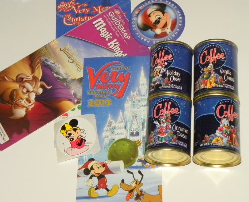 Disney World Park Exclusive New Holiday 2013 Set Of 4 Cans Flavored Coffee Sampler W/ Vintage Mickeys Very Merry Christmas Party Pin & Map logo