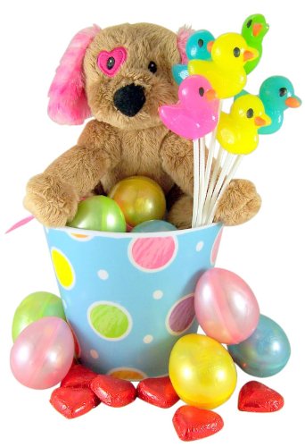 Dog With Heart Eye Patch Plush Toy In Pastel Easter Basket With Eggs and Assorted Candy logo