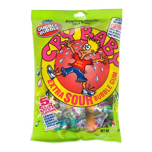 Double Bubble Bubble Gum Cry Baby Extra Sour Candy 5 Flavors Bagged logo. 