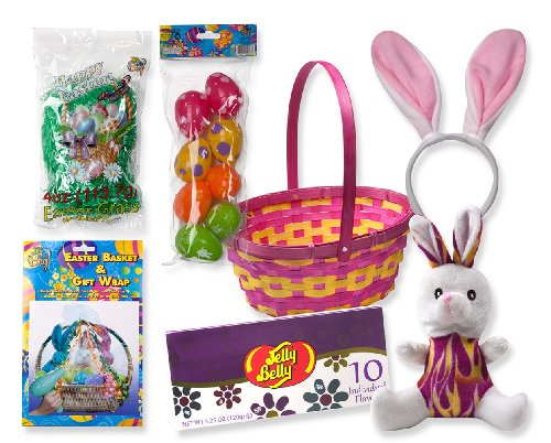 Easter Gift Basket; Complete With Easter Basket, Easter Bunny, Bunny Ears Headband, 8 Printed Easter Eggs, Jelly Belly 10 Flavor Gift Box; Green Grass & Gift Wrap!! (diy) logo