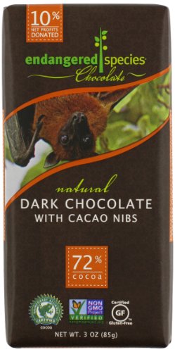 Endangered Species Bat, Intense Dark Chocolate (72%) With Cacao Nibs, 3 ounce Bars (Pack of 12) logo