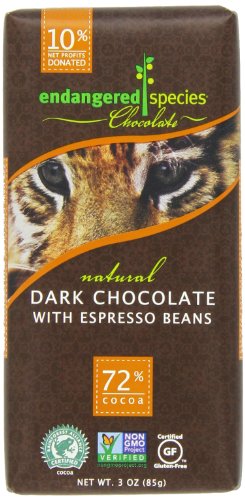 Endangered Species Tiger, Dark Chocolate (72%) With Espresso Beans, 3 ounce Bars (Pack of 12) logo