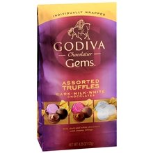 Godiva Chocolatier Gems Assorted Truffles Dark – Milk – White Chocolate (Pack of 3) 4.25 Ounce Bags logo