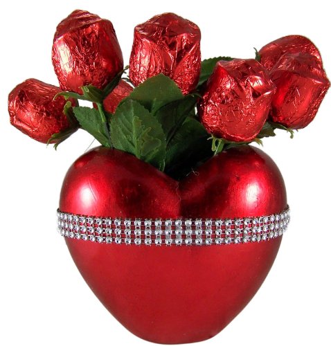 Half Dozen Long Stem Milk Chocolate Roses In Red Puffed Heart Vase With Rhinestone Band logo