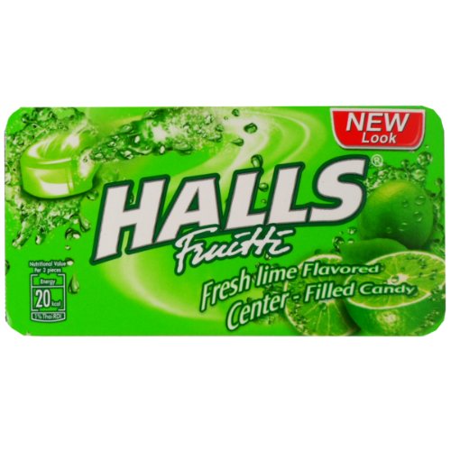 Halls Fruitti Center Filled Candy Snack Fresh Lime Flavored Net Wt 22.4 G (8 Pellets) X 5 Boxes logo