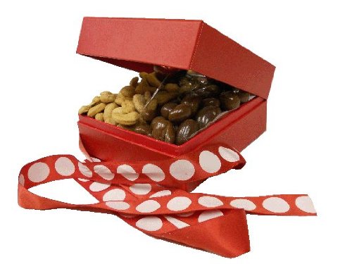 Handcrafted Chocolate Covered Nuts and Jumbo Gourmet Cashews In A Whimsical Red Birthday Gift Box logo