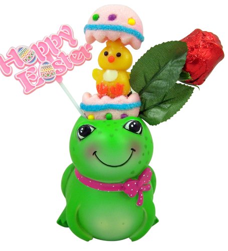 Happy Easter Gift Assorted Candy Marshmallow Sucker and Milk Chocolate Rose In 4 3/4 Hand Painted Resin Frog Vase logo